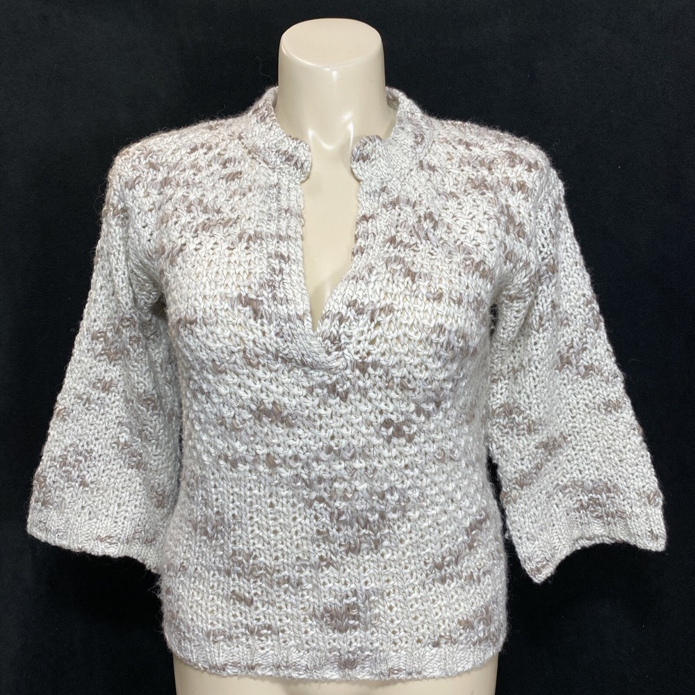 HEKLA CO Sweater MED Ivory Beige Gray Chunky Knit Tunic V Neck 3/4 Sl Soft Italy